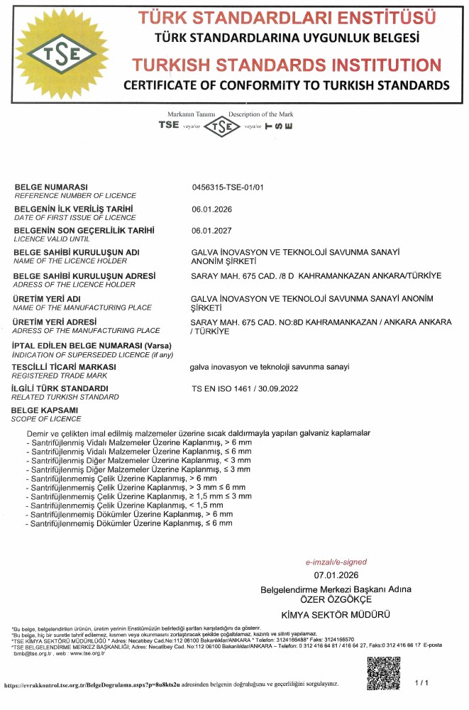 Türk Standartlarına Uygunluk Belgesi — TS EN ISO 1461 — 0456315-TSE-01/01